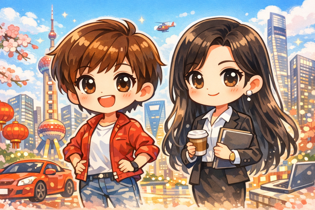 中国ドラマの登場人物をイメージしたデフォルメキャラクターのイラスト※AI生成のオリジナルイラストです