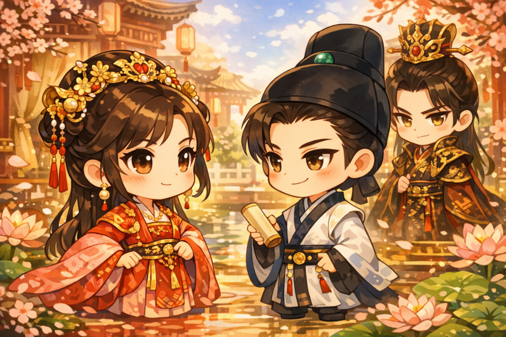 中国ドラマの登場人物をイメージしたデフォルメキャラクターのイラスト※AI生成のオリジナルイラストです