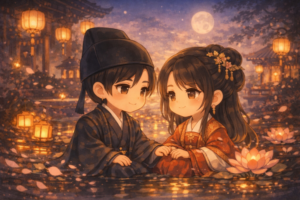 中国ドラマの登場人物をイメージしたデフォルメキャラクターのイラスト※AI生成のオリジナルイラストです