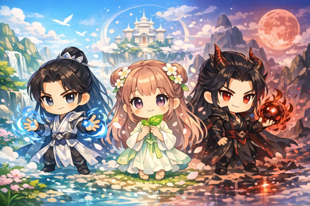 中国ドラマの登場人物をイメージしたデフォルメキャラクターのイラスト※AI生成のオリジナルイラストです