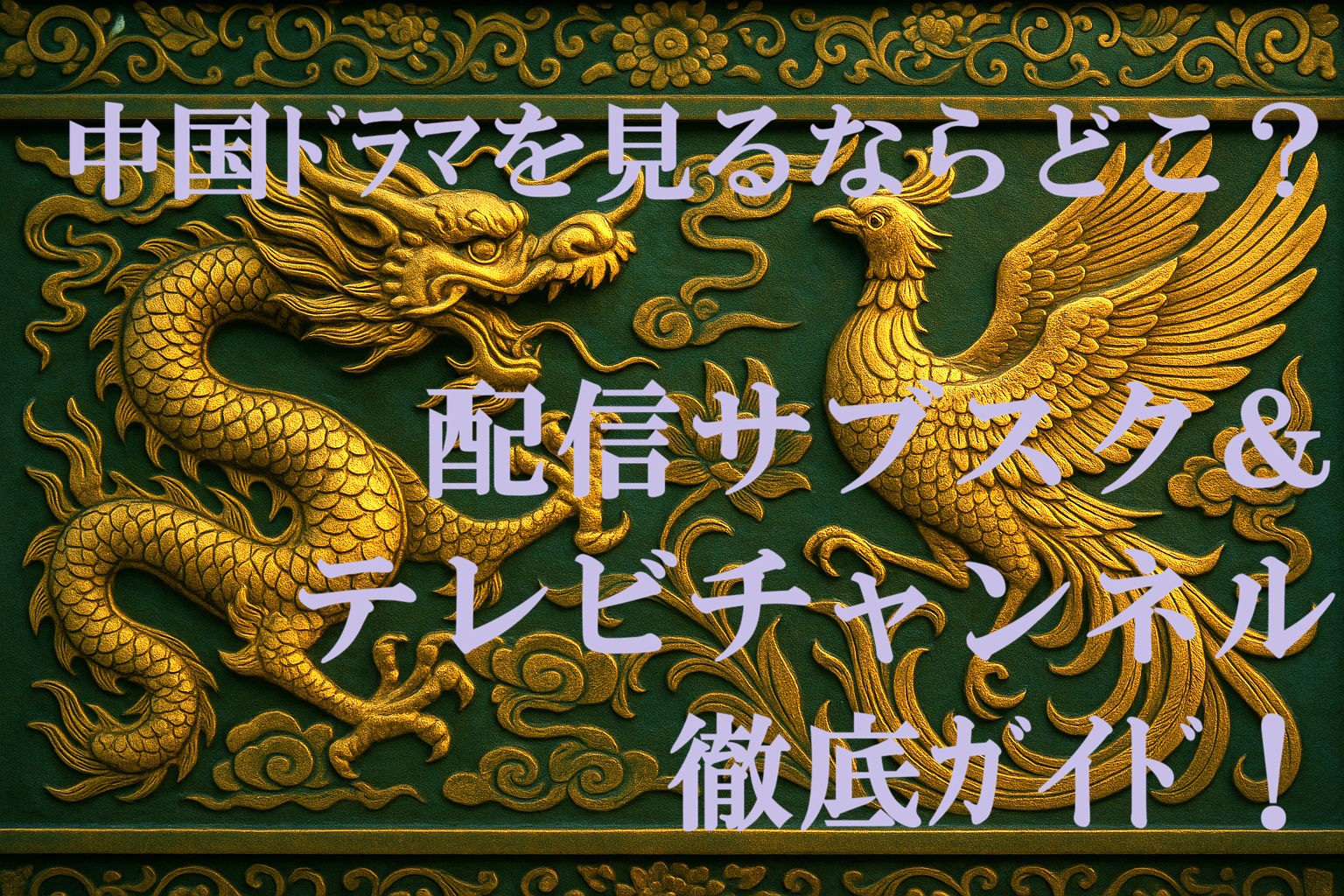 中国ドラマ視聴ガイドを象徴する青緑と金の龍と鳳凰の装飾デザイン※AI生成のオリジナルイラストです