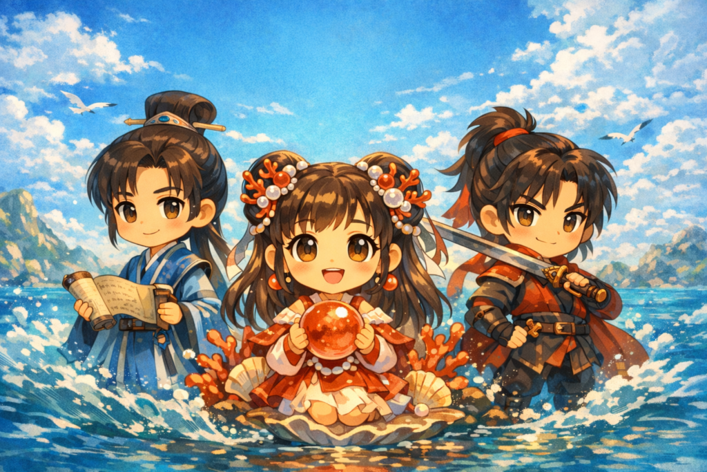 中国ドラマの登場人物をイメージしたデフォルメキャラクターのイラスト※AI生成のオリジナルイラストです