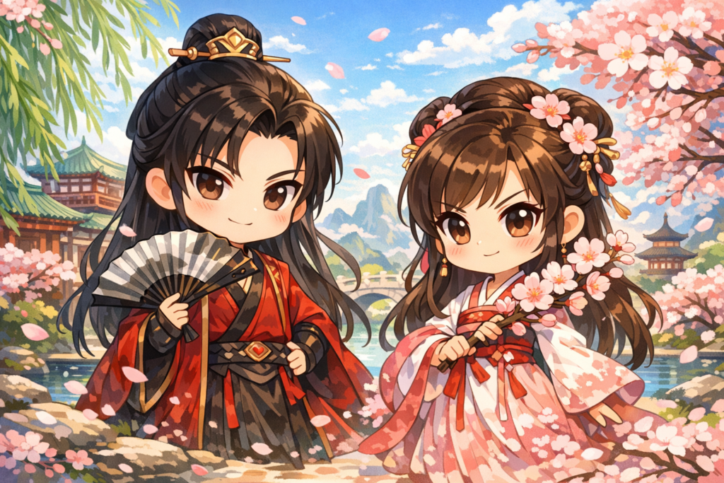 中国ドラマの登場人物をイメージしたデフォルメキャラクターのイラスト※AI生成のオリジナルイラストです