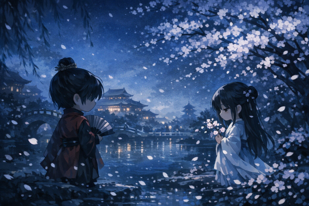 中国ドラマの登場人物をイメージしたデフォルメキャラクターのイラスト※AI生成のオリジナルイラストです